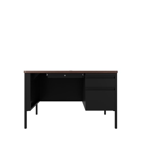 Pedestal Desk, 30 in D, 48 in W, 29.5 in H, Black / Walnut, Steel