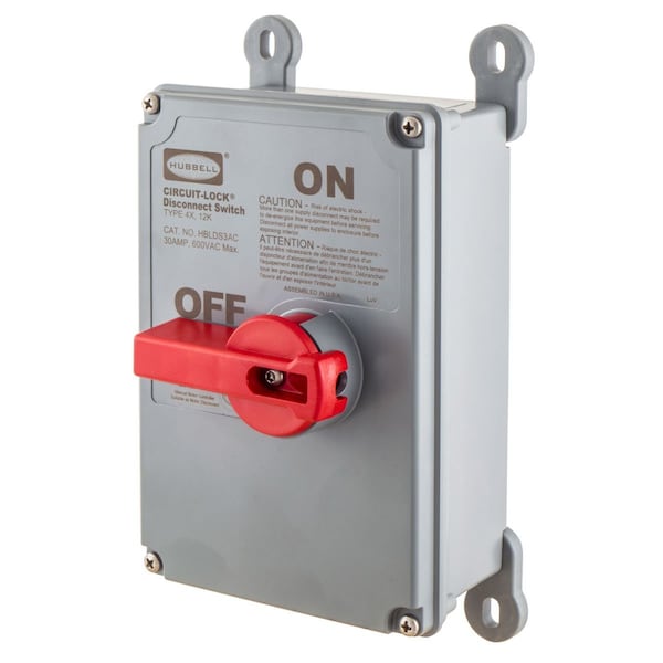 Switches and Lighting Controls, Industrial Grade, Disconnect Switches, Unfused Switch, Three Pole, 30A 600V AC, Screw Terminals, Gray, No Knockouts