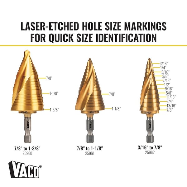 Step Bit Kit, Spiral DoubleFluted, VACO, 3Piece