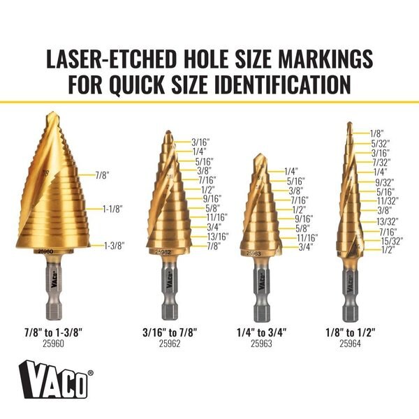 Step Bit Kit, Spiral DoubleFluted, VACO, 4Piece