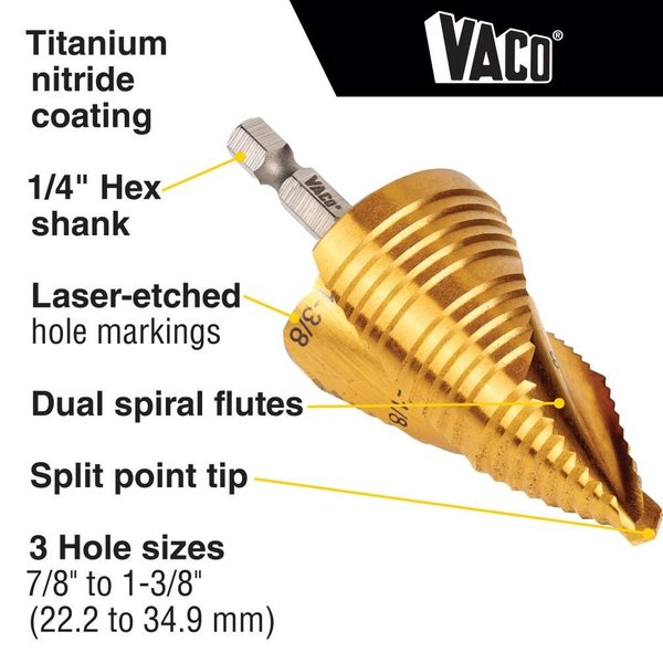 Step Bit Kit, Spiral DoubleFluted, VACO, 4Piece