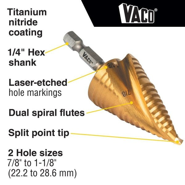 Step Drill Bit, Spiral DoubleFluted, 78Inch to 118Inch, VACO