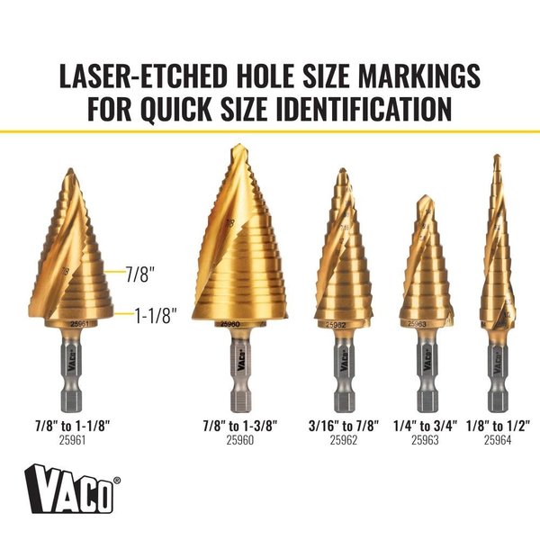 Step Drill Bit, Spiral DoubleFluted, 78Inch to 118Inch, VACO