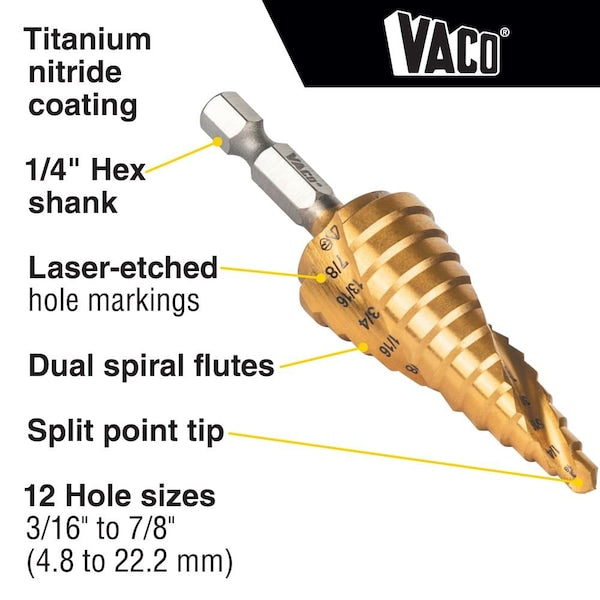 Step Drill Bit, Spiral DoubleFluted, 316Inch to 78Inch, VACO