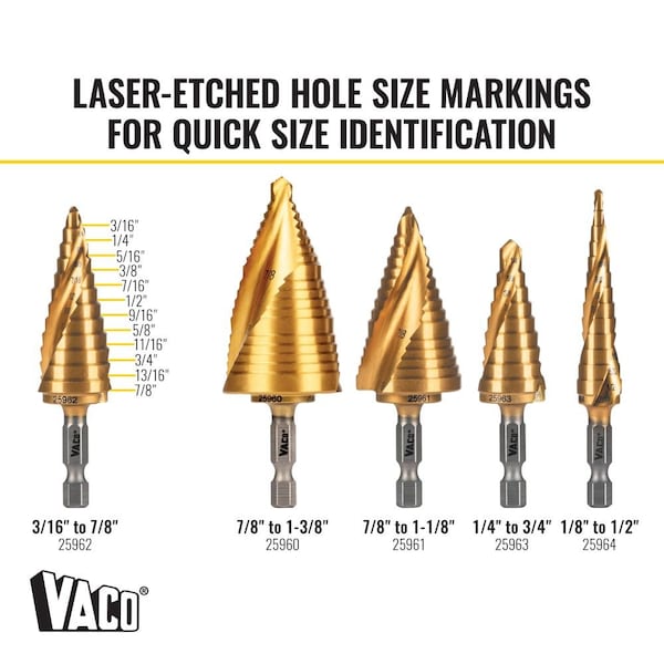 Step Drill Bit, Spiral DoubleFluted, 316Inch to 78Inch, VACO