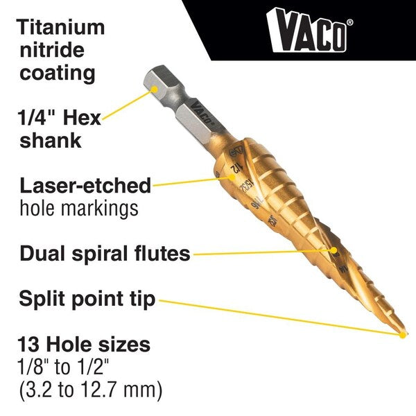 Step Drill Bit, Spiral DoubleFluted, 18Inch to 12Inch, VACO