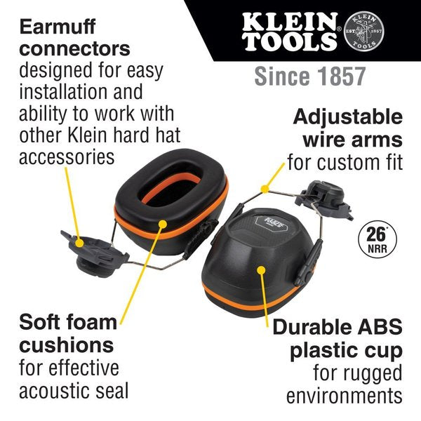Hard Hat Ear Muffs, Safety Helmet: 26dB; Cap-Style Hard Hat: 27dB, Gray/Orange