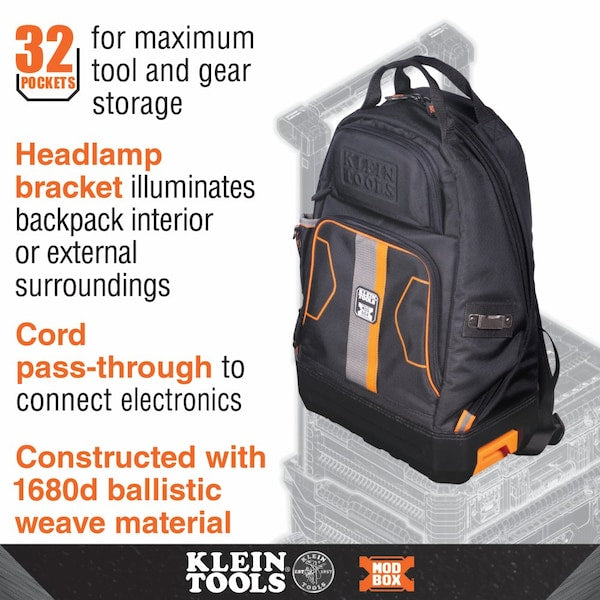 1680d Ballistic Weave Body; Hard Molded Polypropylene Bottom, 32 Pockets, Black/Orange