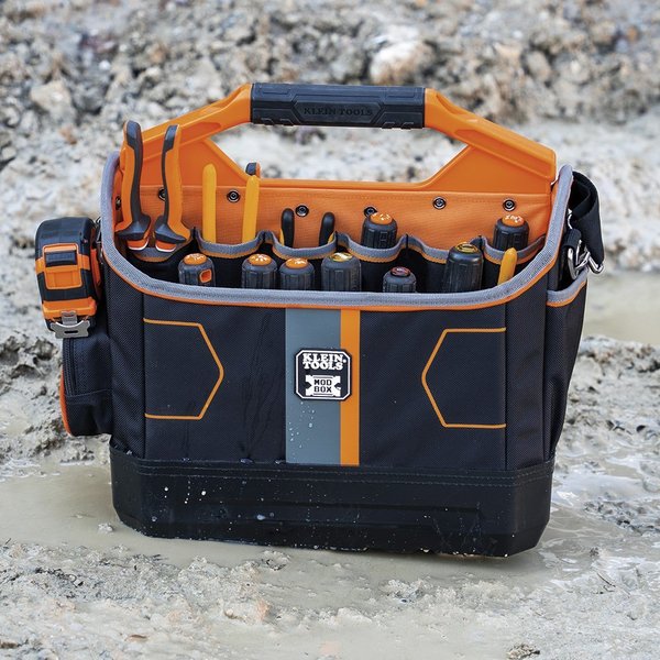 Tool Tote, 1680d Ballistic Weave Body; Hard Molded Polypropylene Bottom, 33 Pockets, Black/Orange