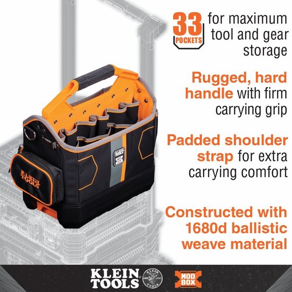 Tool Tote, 1680d Ballistic Weave Body; Hard Molded Polypropylene Bottom, 33 Pockets, Black/Orange