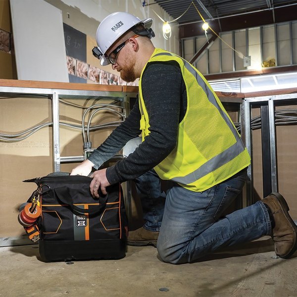 Tool Bag, 1680d Ballistic Weave Body; Hard Molded Polypropylene Bottom, 28 Pockets, Black/Orange