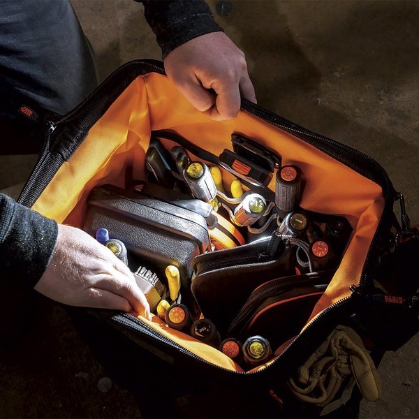 Tool Bag, 1680d Ballistic Weave Body; Hard Molded Polypropylene Bottom, 28 Pockets, Black/Orange