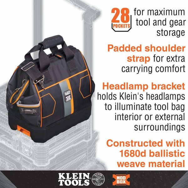 Tool Bag, 1680d Ballistic Weave Body; Hard Molded Polypropylene Bottom, 28 Pockets, Black/Orange