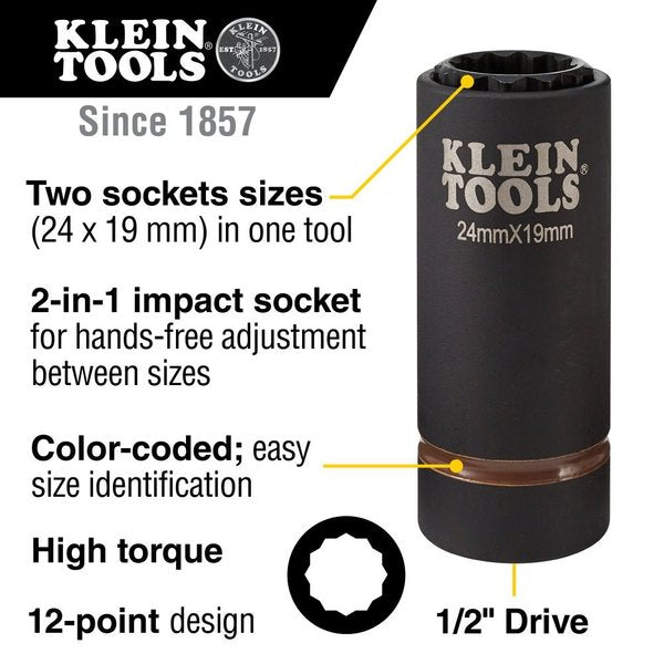 2-in-1 Metric Impact Socket, 12-Point, 24 x 19 mm