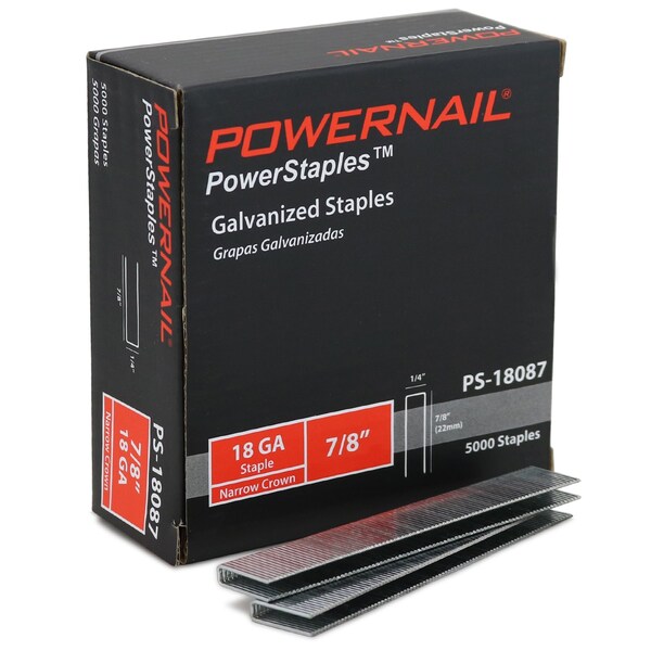 Staples, 18 ga, Narrow Crown, 7/8 in Leg L, Steel, 5000 PK
