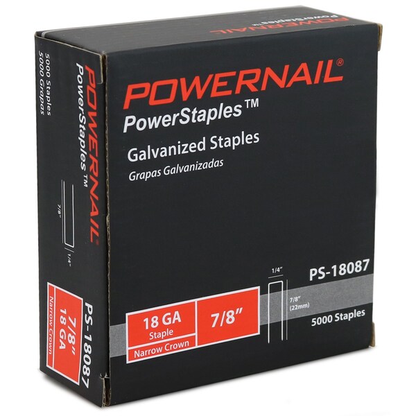 Staples, 18 ga, Narrow Crown, 7/8 in Leg L, Steel, 5000 PK