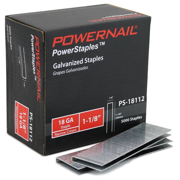 Staples, 18 ga, Narrow Crown, 1-1/8 in Leg L, Steel, 5000 PK