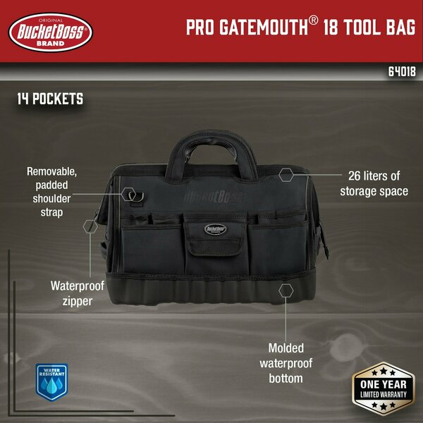 Tool Bag, All-Terrain Bottom, 17 Pocket, 1680 Heavy-Duty Poly Fabric