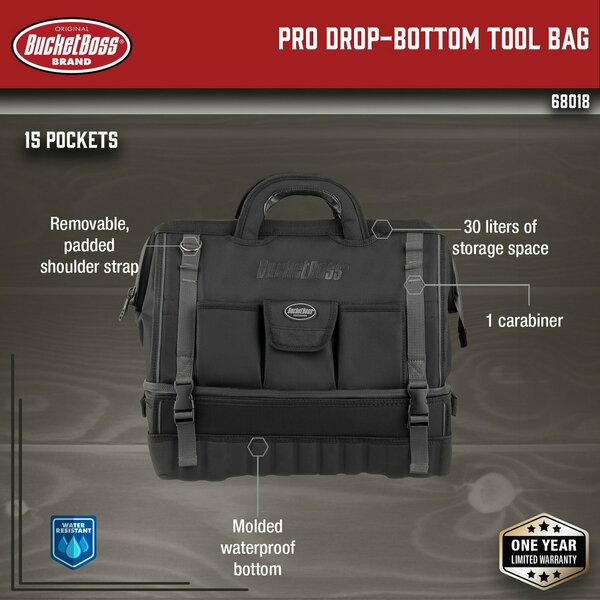 Tool Bag, All-Terrain Bottom, 14 Pocket, 1680 Heavy-Duty Poly Fabric