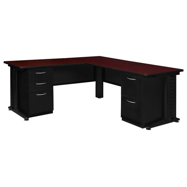 L Shaped Desk, 72 D, 66 W, 29 H, Mahogany, Wood|Metal