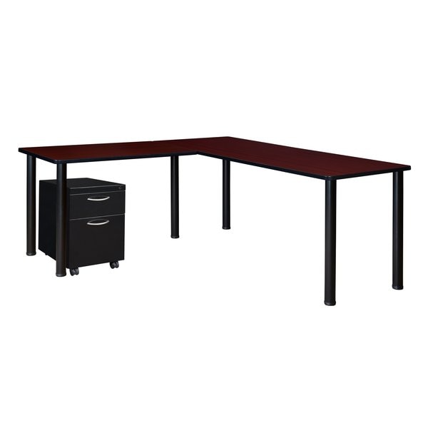 L Shaped Desk, 66 D, 60 W, 29 H, Black|Mahogany, Wood|Metal