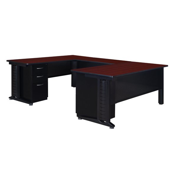 U Shaped Desk, 96 D, 66 W, 29 H, Mahogany, Wood|Metal