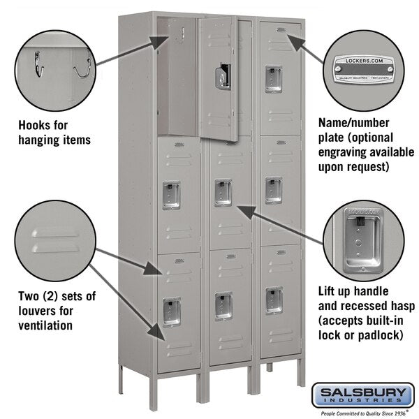 Wardrobe Locker, 36 in W, 12 in D, 78 in H, (3) Wide, (9) Openings, Gray