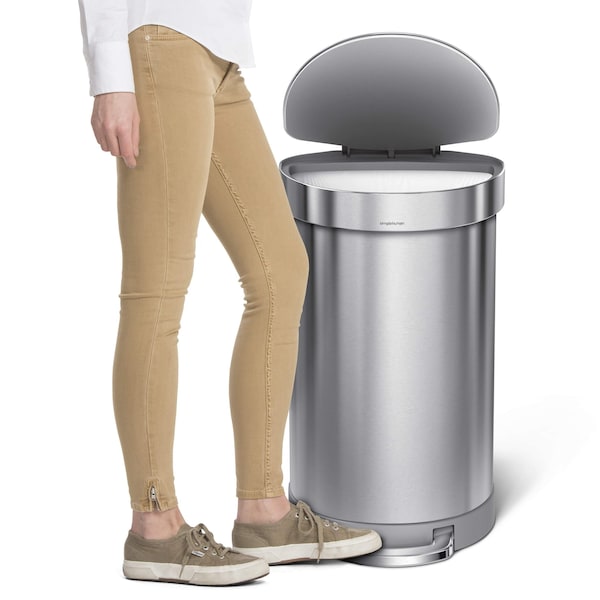 12 gal Round Hands-Free Step Can, Brushed, Stainless Steel