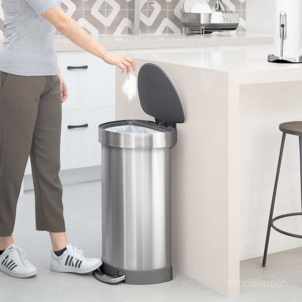 12 gal Round Hands-Free Step Can, Brushed, Stainless Steel