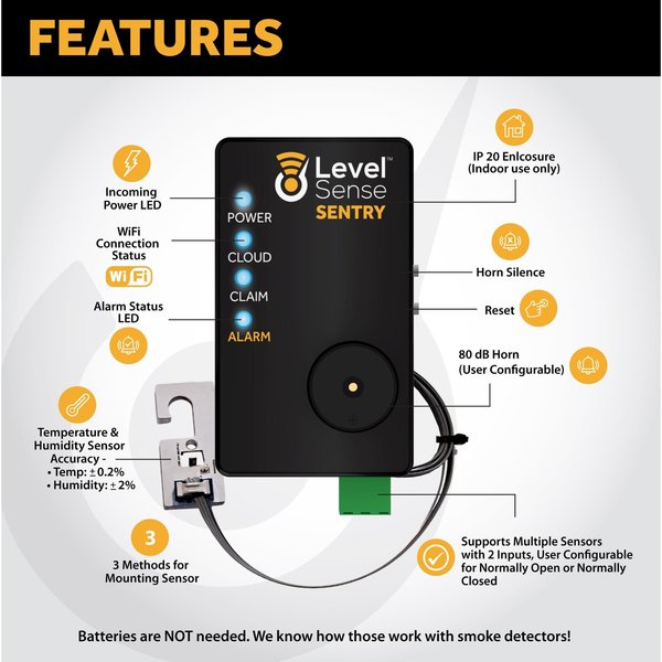 Level Sense Freezer Sentry Wi-Fi enabled Temperature and Humidity Alarm With 4FT Sensor