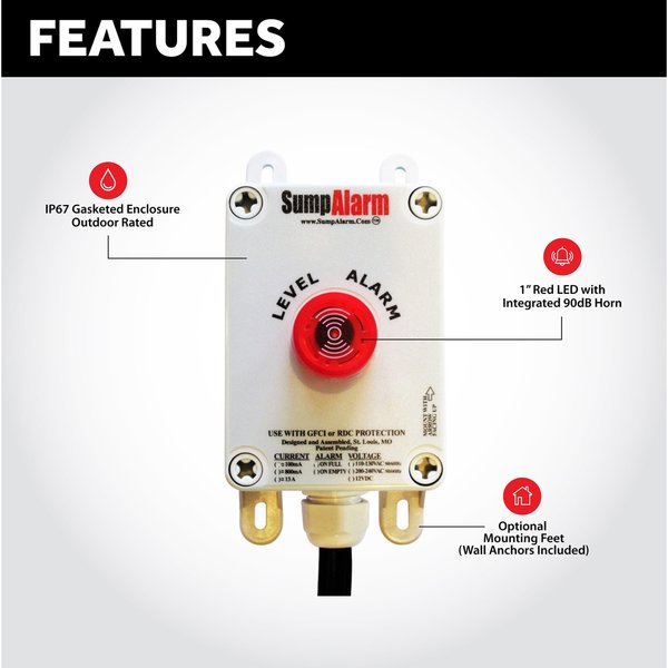 In/Outdoor Pump/High Water Alarm, 120V, 33' Float