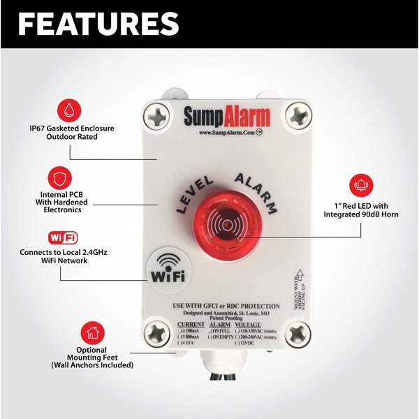 In/Outdoor Pump/High Water Alarm, 120V, 20' Heavy Float, WiFi