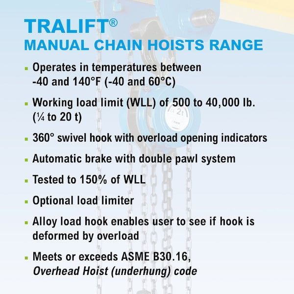 Tralift Manual Chain Hoist, 3,000 lb. (1.5 Ton) Load Capacity, 20 ft. Lift