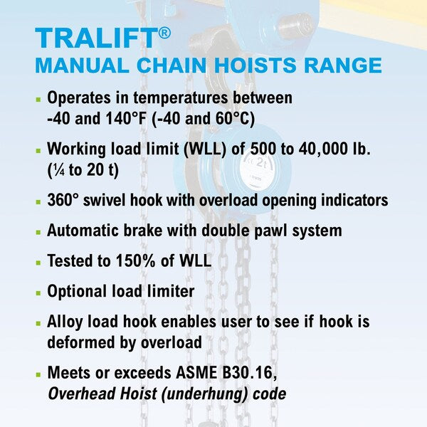 Tralift Manual Chain Hoist, 20,000 lb. (10 Ton) Load Capacity, 15 ft. Lift