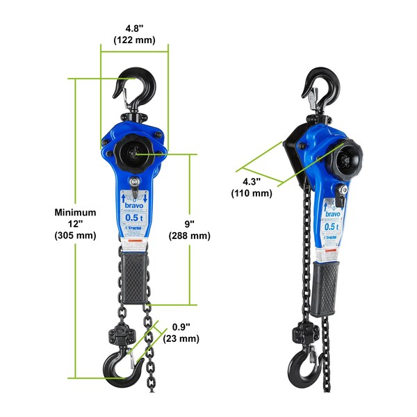 Lever Chain Hoist, 1,000 lb Load Capacity, 5 ft Hoist Lift, 0.9 in. Hook Opening