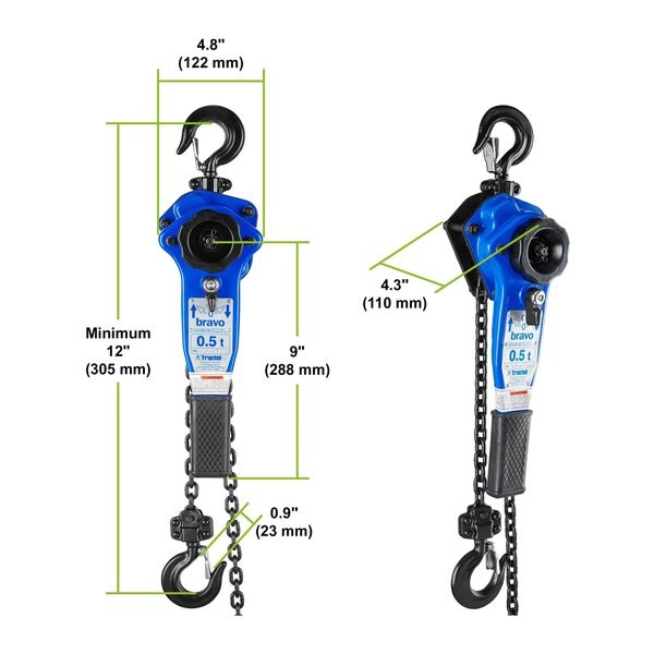 Lever Chain Hoist, 1,000 lb Load Capacity, 10 ft Hoist Lift, 0.9 in. Hook Opening
