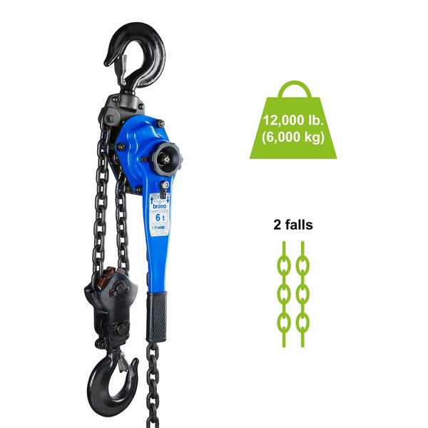 Lever Chain Hoist, 12,000 lb Load Capacity, 10 ft Hoist Lift, 2.6 in. Hook Opening