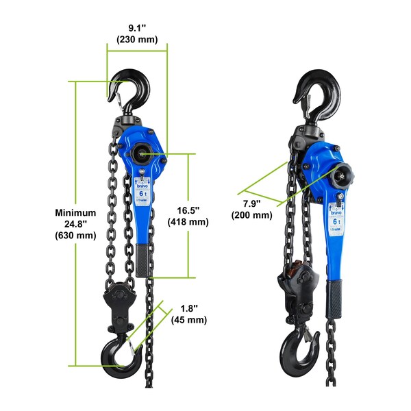 Lever Chain Hoist, 12,000 lb Load Capacity, 10 ft Hoist Lift, 2.6 in. Hook Opening
