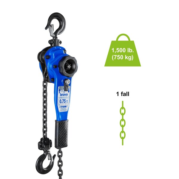 Lever Chain Hoist, 1,500 lb Load Capacity, 15 ft Hoist Lift, 1 in. Hook Opening