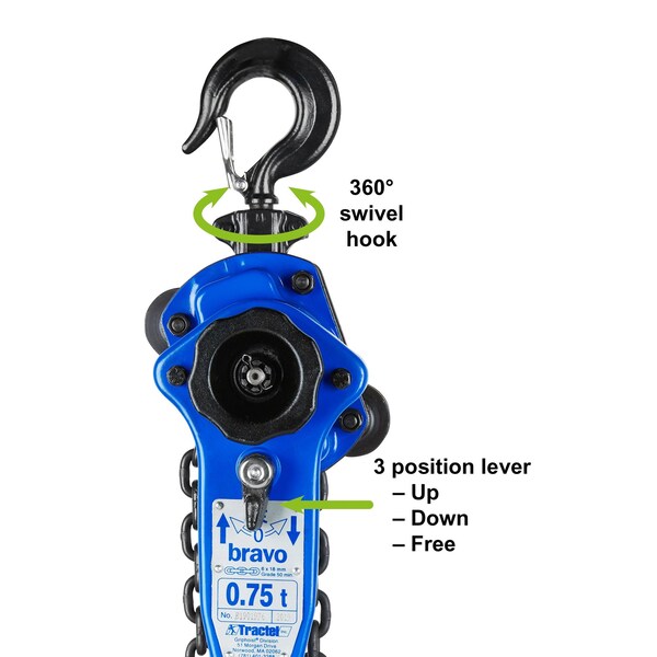 Lever Chain Hoist, 1,500 lb Load Capacity, 15 ft Hoist Lift, 1 in. Hook Opening