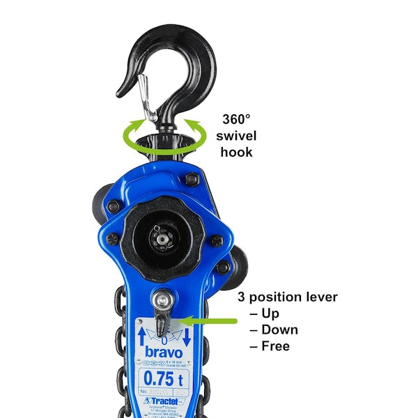 Lever Chain Hoist, 1,500 lb Load Capacity, 10 ft Hoist Lift, 1 in. Hook Opening