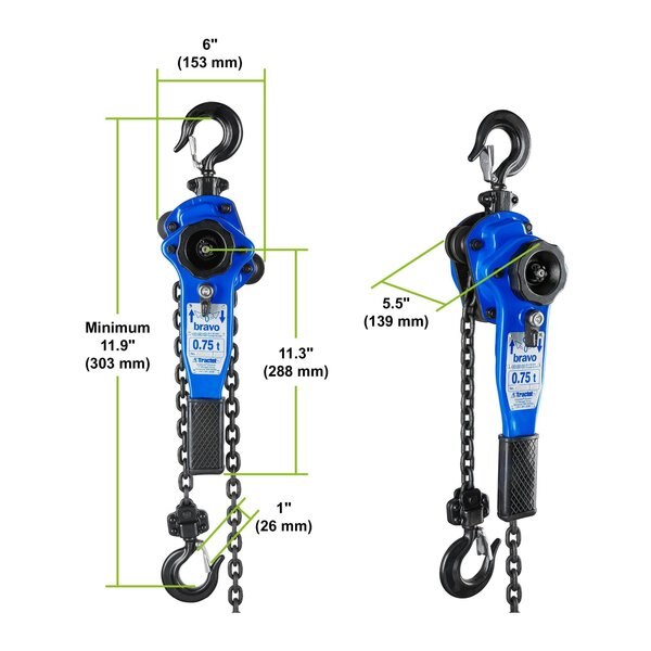 Lever Chain Hoist, 1,500 lb Load Capacity, 10 ft Hoist Lift, 1 in. Hook Opening