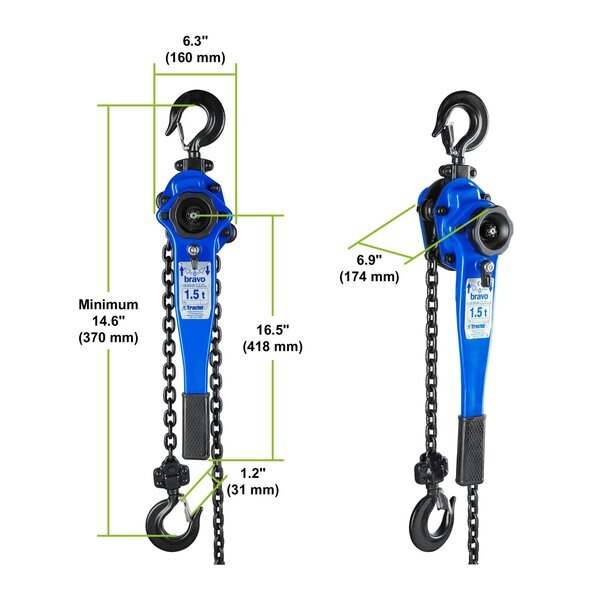 Lever Chain Hoist, 3,000 lb Load Capacity, 10 ft Hoist Lift, 1.2 in. Hook Opening