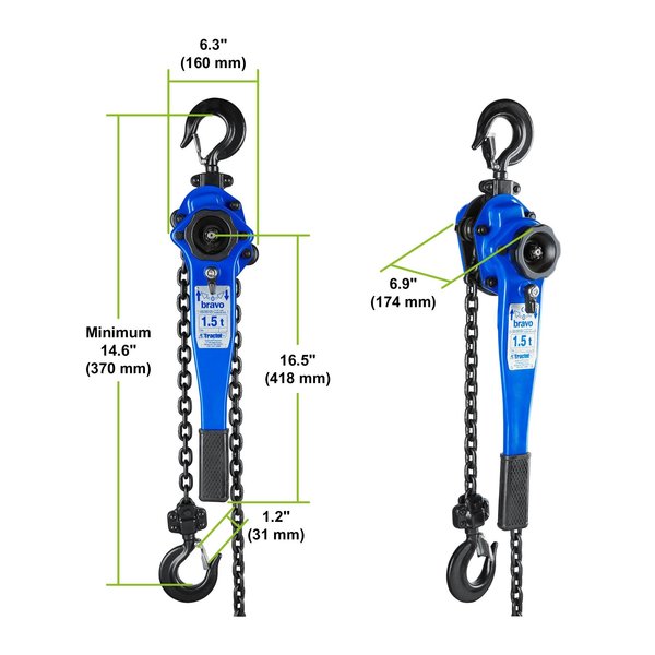 Lever Chain Hoist, 3,000 lb Load Capacity, 20 ft Hoist Lift, 1.2 in. Hook Opening
