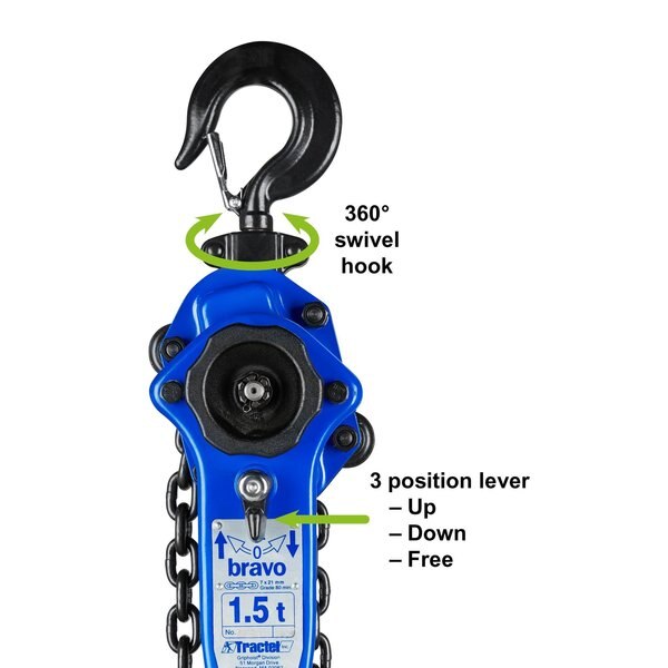 Lever Chain Hoist, 3,000 lb Load Capacity, 10 ft Hoist Lift, 1.2 in. Hook Opening