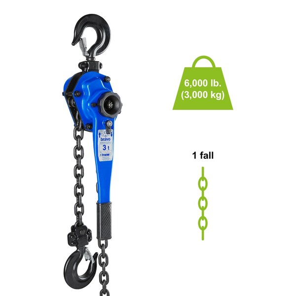 Lever Chain Hoist, 6,000 lb Load Capacity, 15 ft Hoist Lift, 1.5 in. Hook Opening