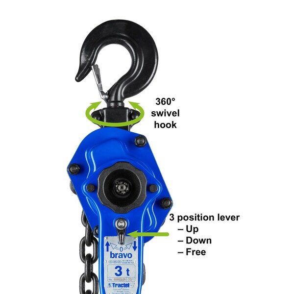 Lever Chain Hoist, 6,000 lb Load Capacity, 15 ft Hoist Lift, 1.5 in. Hook Opening