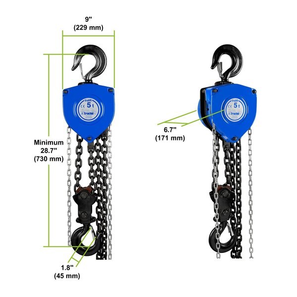 Tralift Manual Chain Hoist, 10,000 lb. (5 Ton) Load Capacity, 15 ft. Lift