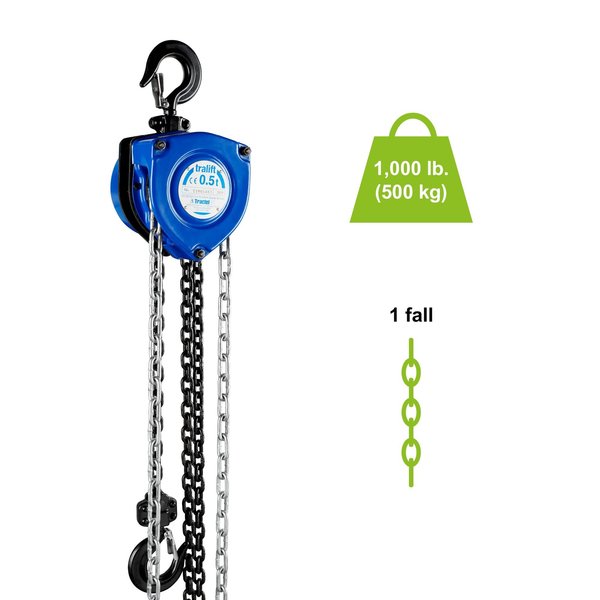 Tralift Manual Chain Hoist, 1,000 lb. (0.5 Ton) Load Capacity, 15 ft. Lift