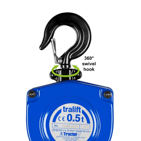 Tralift Manual Chain Hoist, 1,000 lb. (0.5 Ton) Load Capacity, 20 ft. Lift